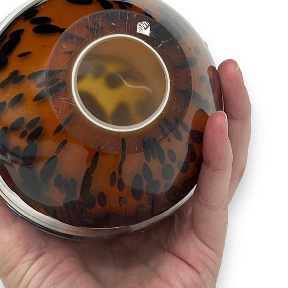Hand Blown Poland ART GLASS Candle Holder Tea Light Brown Black Spots Large - Picture 6 of 8